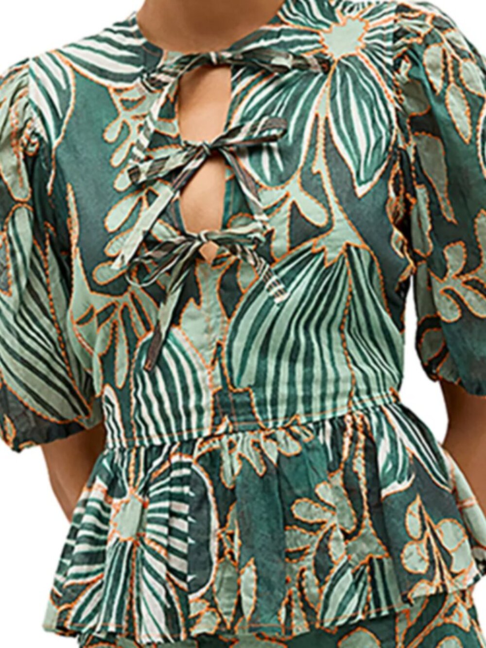 Marie Oliver Green Floral Tie-Front Peplum Blouse (Estella Top)